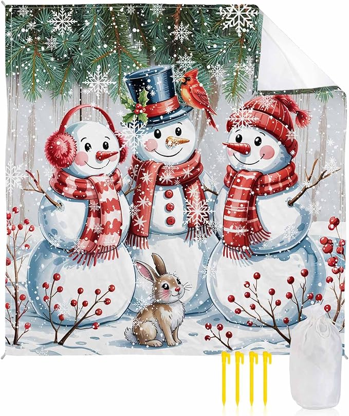 Beach Blanket Waterproof Sandproof Oversized Winter Christmas Snowman Pine Berry Beach Mat with Corner Stakes Sand Pockets Green White Red Outdoor Picnic Mat for Travel Camping Hiking 108x84In