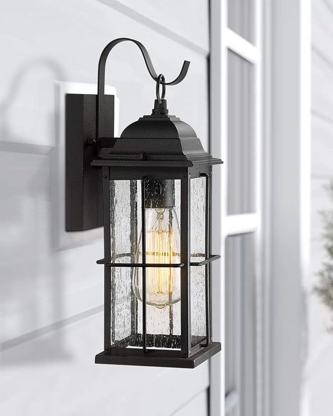 zeyu 1-Light Outdoor Wall Sconce Lantern 14 inch Exterior Light Fixtures Wall Mount in Black Finish with Seeded Glass Shade 20071B1