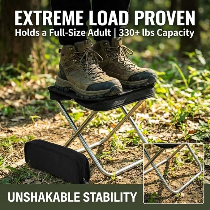 Foldable Backpack Stool for Adults - Portable Folding Stool with 350lb Capacity 900D Oxford Fabric &amp Durable Spring-Linked Frame Lightweight at 1.3lbs for Camping Fishing Travel (Black)
