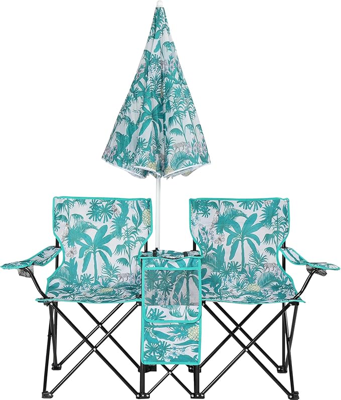 2-Person Folding Camp and Beach Chair Camping Chair with Umbrella Folding Loveseat Chairs w/Canopy ShadeCup Holder Portable Beach Chairs Picnic Patio Easy to Use - Pineapple
