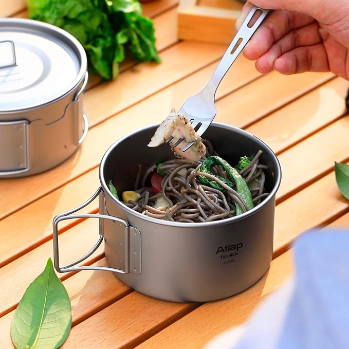 Titanium Bowl Pot with Foldable Handle Single-Wall Titanium Cooking Tableware Bowl with Folding Handle for Outdoor Camping Hiking Picnic (600ML with Lid)