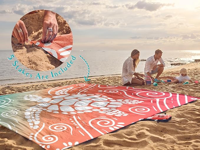 WEKAPO Beach Blanket Waterproof Sandproof Oversized Extra Large Sand Free Beach Mat with Stakes Storage Bag - Essentials for Outdoor Beach Picnic (Sea Turtle 11 X 9 FT (1~10 Person))