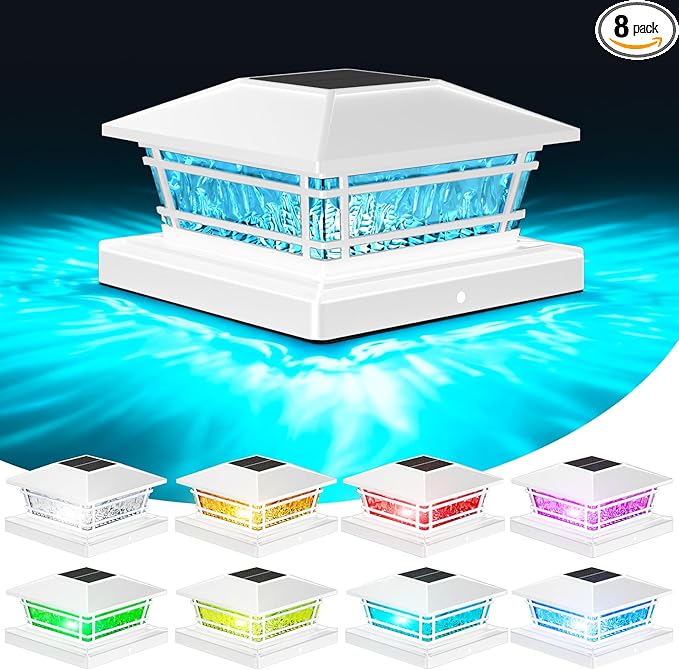 Post Solar Lights with 8 RGB Solid Colors &amp Color Changing 8 Pack Deck Post Lights for Porch Yard Garden Waterproof Solar Fence Post Cap Lights for 4x4 5x5 6x6 Vinyl/Wooden Posts White