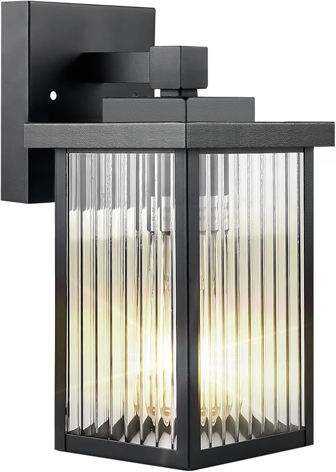 Outdoor Wall Lights for House Exterior - IP65 Waterproof Porch Lights with Textured Glass &amp Matte Black Metal Easy Install Exterior Lighting Fixtures for Garage Front Door
