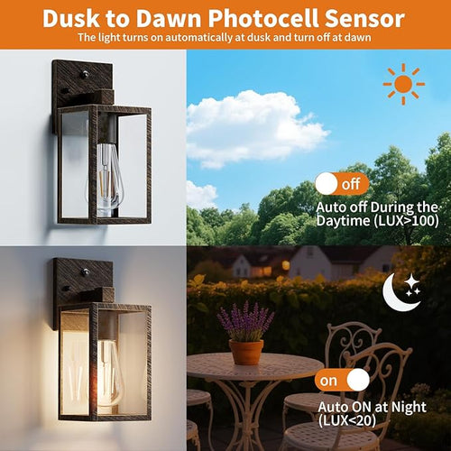 2 Pack Black Brush Gold Dusk to Dawn Exterior Lighting Fixtures Wall Mount Sensor Outside Front Porch Lights for House Outdoor Lantern Lamp Wall Sconce Lights Coach Light for Garage Entryway