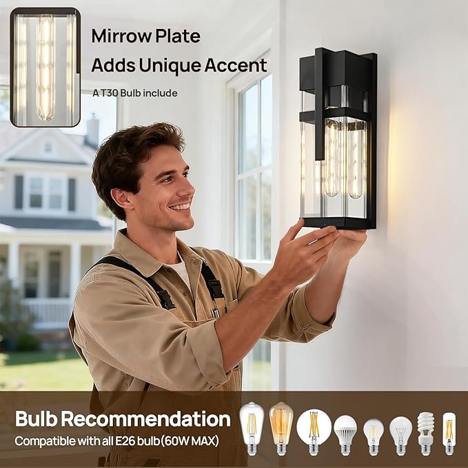 Dusk to Dawn Outdoor Wall Light Waterproof Exterior Lighting Fixtures Black Outdoor Sconces Lights with Tempered Glass 15''H Outside Lantern for Porch Patio Garage2-PackBulb Included