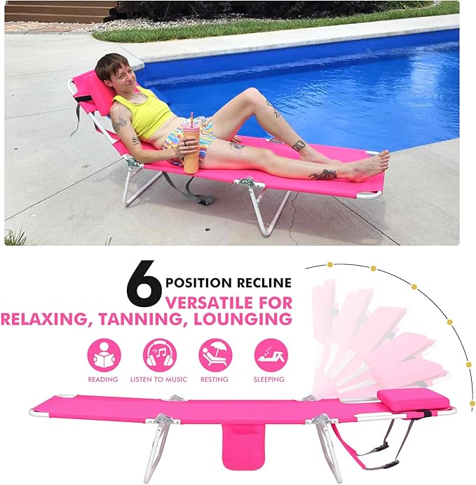 3 in 1 Women Comfort Backpack Beach Tanning Lounge Chair with Cushion Face Hole Softer Adjustable Washable Layout Sun Chair for Adults Outside Reading Sunbathing Poolside 6 Position 2 Pack Pink