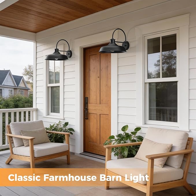 Large Farmhouse Exterior Barn Light 14 inch Black Industrial Gooseneck Outdoor Wall Mount Lighting Fixture with E26 Socket Waterproof Exterior Light Fixture for House Yard Doorway 2-Pack
