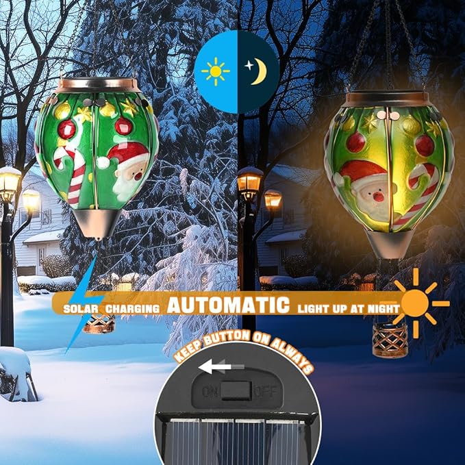Solar Powered Hot Air Balloon Lantern - Santa Glass Lantern Simulated Flickering &amp Dancing Flame Outdoor Hanging Yard Light Waterproof IP65 for Patio Lawn Porch Christmas Decor Gift