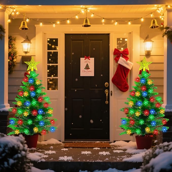 2 Pack 3.6Ft Solar Christmas Tree with 100 Snowflake Lights Waterproof Christmas Decorations Outdoor Solar Christmas Lights Outdoor Xmas Tree for Yard Pathway Porch Cemetery Holiday Decor
