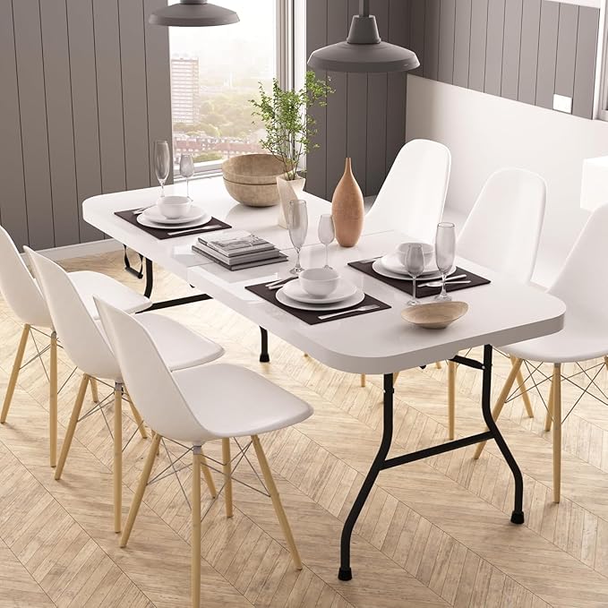 6ft Folding Table - Heavy Duty Portable 6 Foot Plastic Table with Fold-in-Half Design &amp Carry Handle Indoor Outdoor Utility Table for Dining Camping Parties Picnics Tailgating (6FT White)