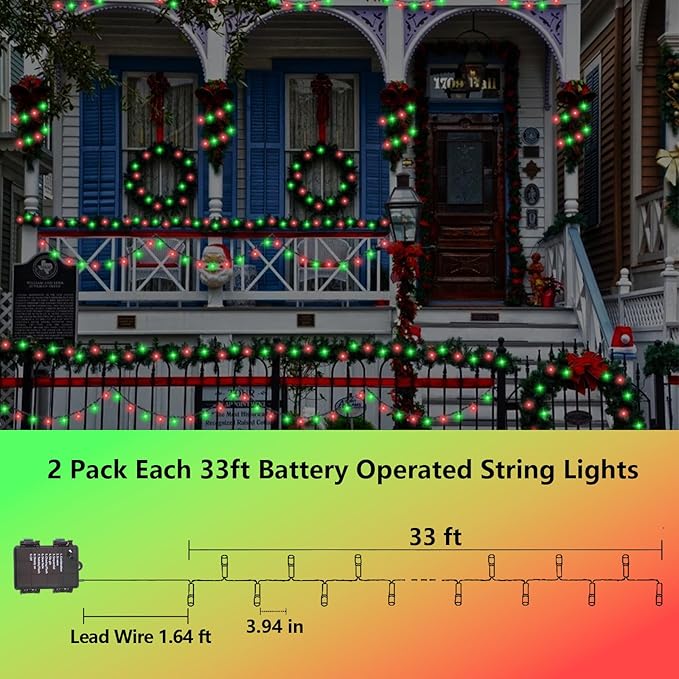 YEGUO Christmas Lights Battery Operated 2 Pack Each 33ft 100 LED Red and Green String Lights Outdoor Waterproof 8 Modes Green Wire Fairy Light Indoor with Remote