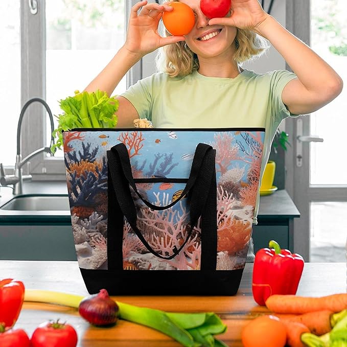 Insulated Shopping BagLarge Reusable Cooler Bags Coral Reef Printed Foldable Shopping BagTravel Waterproof Shoulder Bag