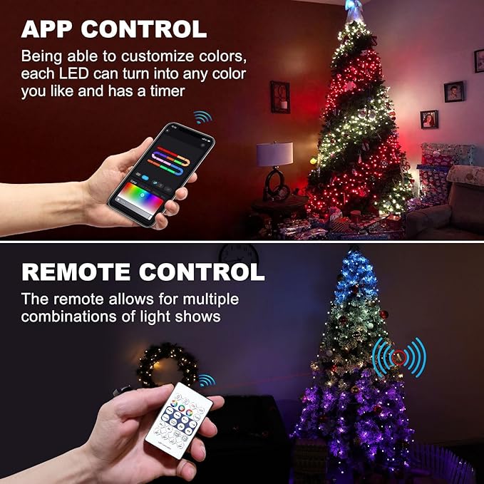Christmas Tree String Lights Decorations with Ring Smart APP 400 LED Waterfall Lights IP65 Waterproof Multi-Modes with Remote Color Changing for Wedding Yard Party Home Holiday