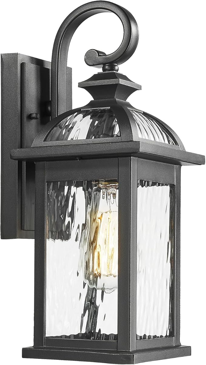 Darkaway Outdoor Lights Fixture Wall Mount Exterior Wall Light with Water Ripple Glass Waterproof Black Outside Wall Sconce for House Porch Hallway Garage