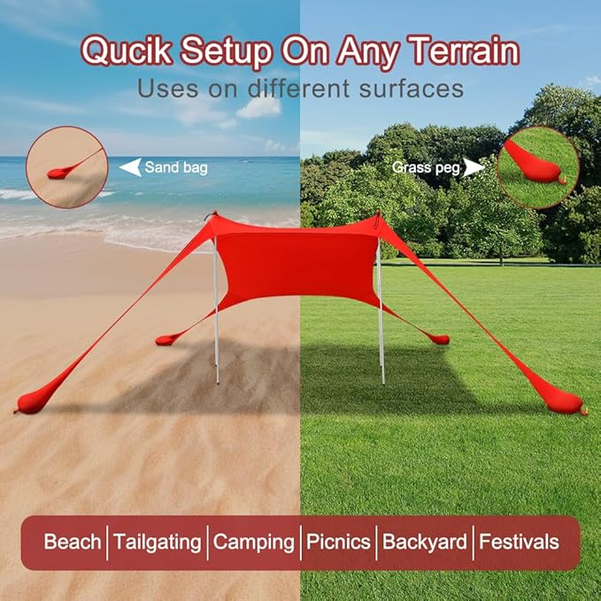 Beach Tent Sun Shelter 6.56 x 5.25ft UPF Sunshade with Sandbags &amp Aluminum Poles Portable Pop-Up Tent for Camping Picnics Fishing Fits 2-3 People (Red Includes Carry Bag &amp Shovel)