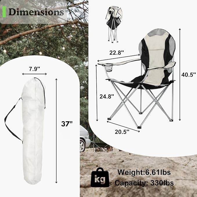 Portable Camping Chair with Back Support Folding Outdoor Padded Lawn Chair with Cup Holder Storage for Hiking Lawn Concert Fishing Iron Frame 600D Fabric