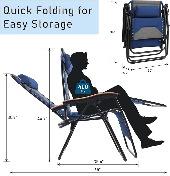 PHI VILLA XXL Oversized Padded Zero Gravity Chair Foldable Patio Recliner 30 Wide Seat Anti Gravity Lounger with Cup Holder Support 400 LBS (Thumb Blue)