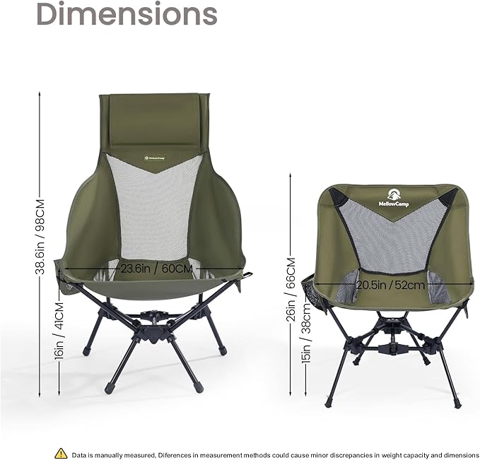 MellowCamp High Back Camping Chair Oversized Comfort Design Collapsible Camp Chair with Pillow (Green)