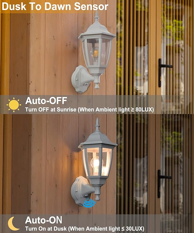 FUDESY Outdoor Wall Light Dusk to Dawn Porch Sensor Light White Plastic Anti-Corrosion with LED Edison Filament Bulb Exterior Mount Lantern for House Garage (1-Pack) FDS2542PS-W