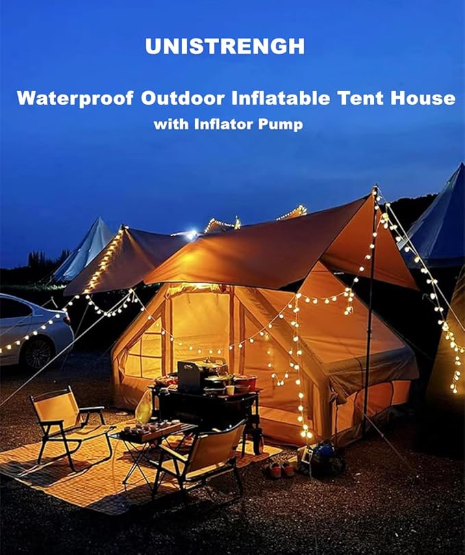 UNIISTRENGH Inflatable Camping Tent Air Glamping Quick Set Up Waterproof Pop Up Tents with Stove Jack Hole and Carry Bag