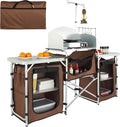 VEVOR Camping Kitchen Table Folding Outdoor Cooking Table with Storage Carrying Bag Aluminum Cook Station 3 Cupboard &amp Detachable Windscreen Quick Set-up for Picnics BBQ RV Traveling Brown