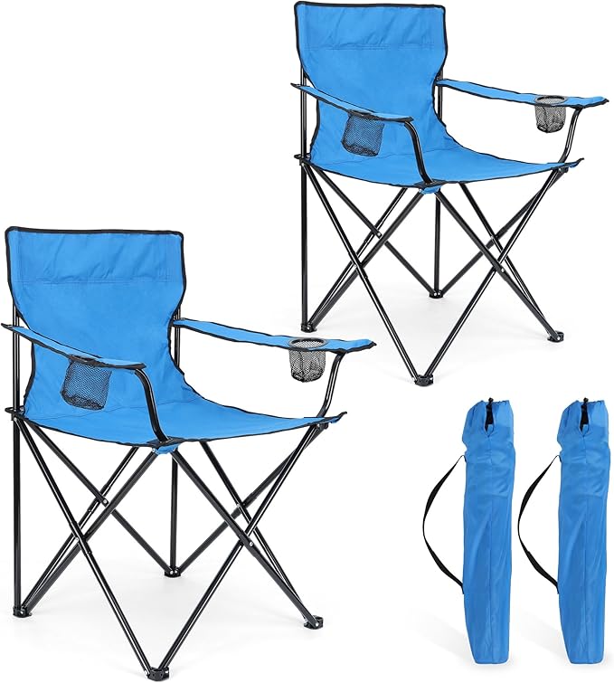 HaSteeL Foldable Camping Chair Set of 2 Folding Camp Chairs &amp Carrying Bags for Adults Portable for Lawn Outdoors Fishing Hiking Travel Picnic Beach Oversized &amp Supports 275lbs (Blue)