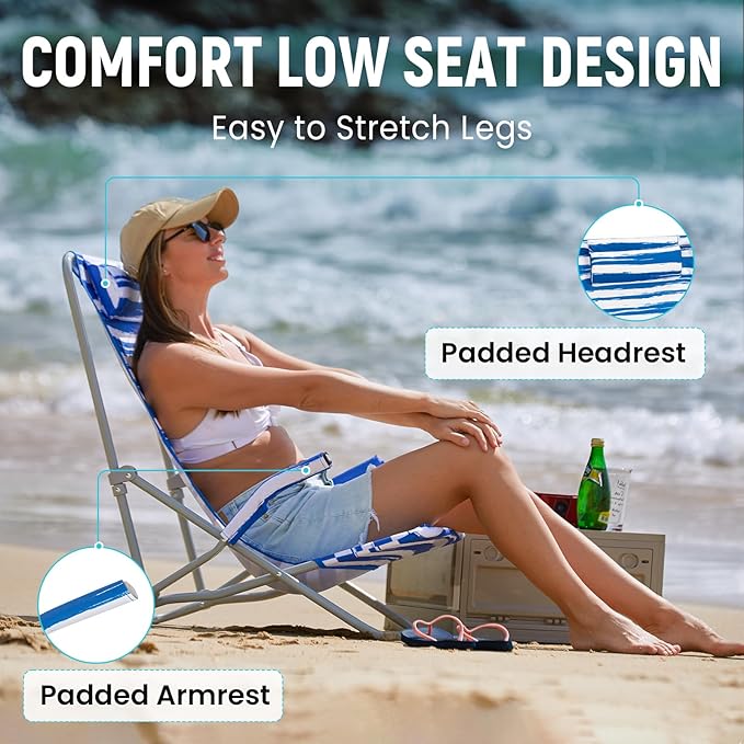 #WEJOY High Back Beach Chair for Adults Heavy Duty Beach Chairs for Adults with Headrest Lightweight Portable Chair for Camping Sand Lawn Support to 300lbs Blue