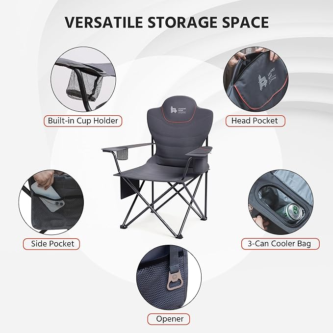 LAUSAINT HOME Portable Camping Chair for Adults Full Padded Folding Chair Support 300 LBS Heavy Duty Lawn Chair with Cup Holder Cooler Bag Storage Pocket Lumbar Support Head Pocket（Grey）