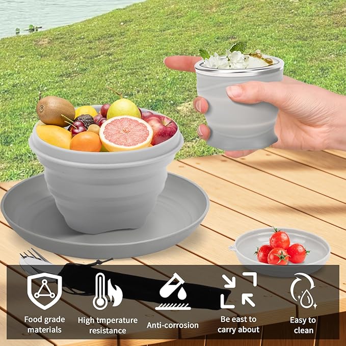 7pcs/Set Camping Mess Kit - Foldable Camping Utensils Portable Travel Silverware Set with Silicone Cup Silicone Bowl Plastic Plate Stainless Steel Tableware Camping Mess Kit for 1 Person