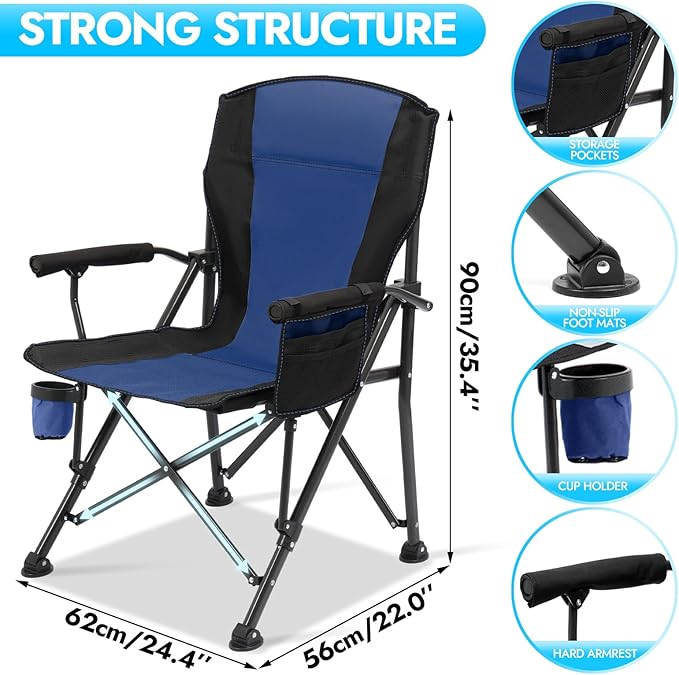 2 Pack Oversized Folding Camping Chair for Adults Supports 450 LBS Camping Chairs Heavy Duty Camping Chair with Side Pockets Foldable Outdoor Chair for Camping Beach Fishing Hiking Blue-Black