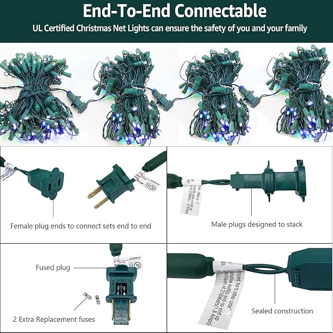 6Ftx4Ft LED Christmas Net Lights Green WireConnectable UL Certified Waterptoof Net Lights for Bushes Trees Shurb Garden Outdoor Christmas Decorations (Blue)