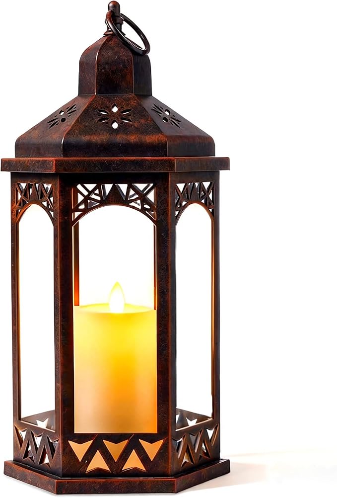 Candle Lanterns Outdoor Lanterns Decorative Indoor for Porch with Flickering LED Candles Hexagonal Battery Operated Lighting with Hanging Hook Perfect for Party Decor