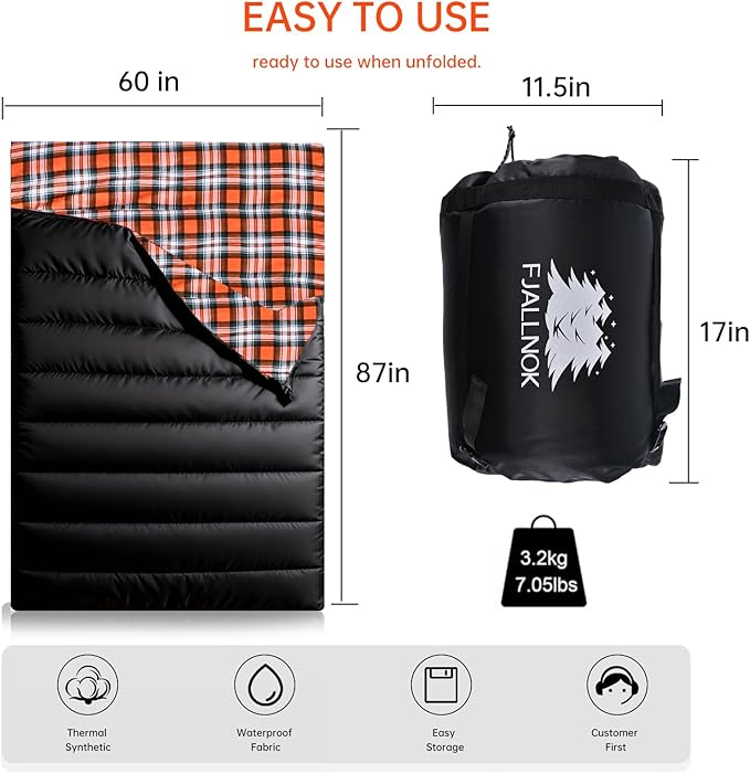 Double Sleeping Bag Cotton Flannel for Camping Backpacking Or Hiking. Queen Size 2 Person Waterproof Sleeping Bag for Adults Or Teens. Lightweight with Compression Sack