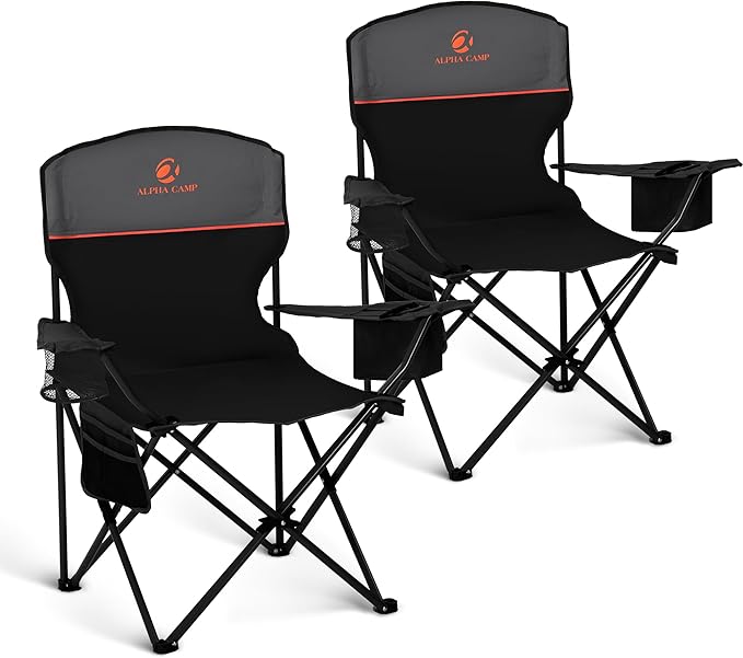 LET'S CAMP Camping Chair 2 Pack Folding Chair with 3-Can Cooler Bag Portable Lawn Chair with Cup HolderStorage Pocket Supports 225LBS Collapsible Chair for Camp Beach Picnic (Black)