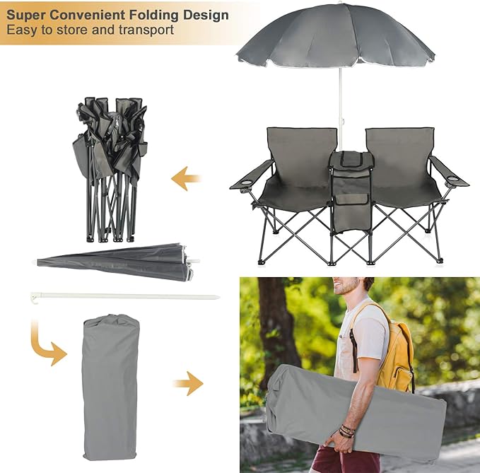 Double Folding Camping Chair W/Umbrella Fold Up Table Beverage Holder Carrying Bag Cooler for Patio Pool Park Outdoor Beach Picnic Portable (Grey)