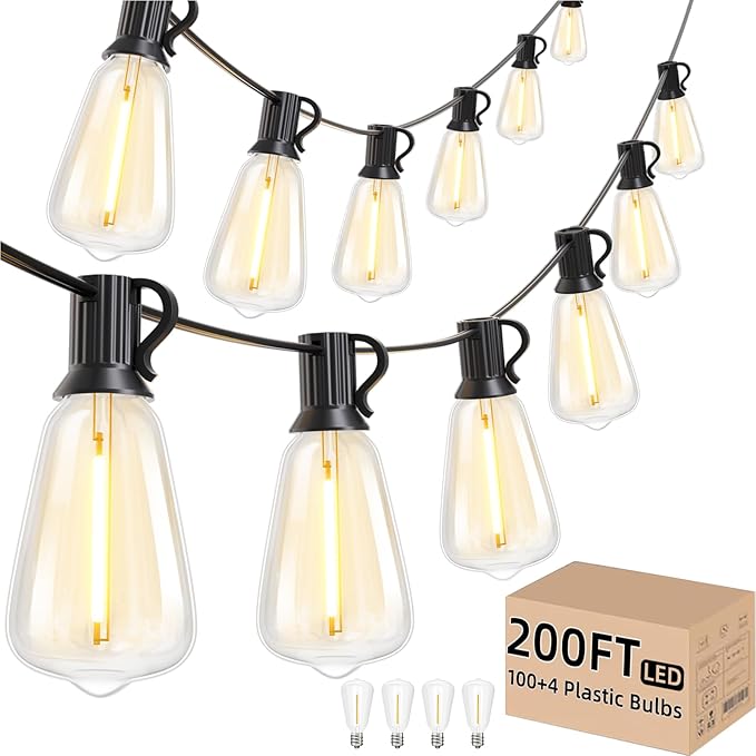 Svater Outdoor String Lights 200 FT Commercial Vintage Patio Lights with 100+4 1W Shatterproof Plastic Led Bulbs Connectable Dimmable Hanging String Lights for Backyard Porch Cafe(2 Pack 100 FT)