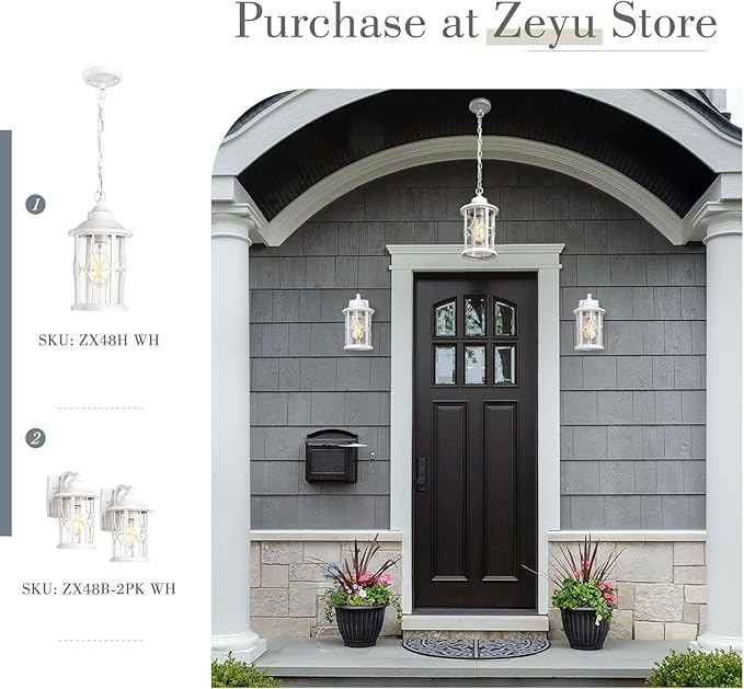 zeyu 2 Pack Outdoor Wall Sconce Lights Modern Farmhouse Outdoor Porch Lights for House Die-Cast Aluminum in White Finish Seeded Glass Shade ZX48B-2PK WH