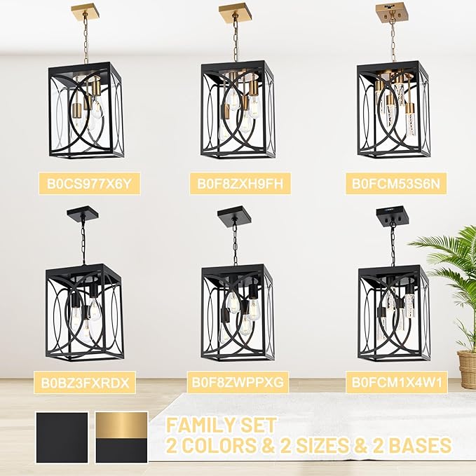 4-Lights Large Outdoor Pendant Light Fixture E26 Bulb Base Porch Hanging Lighting in Black &amp Brushed Brass Modern Exterior Lantern Chandelier Ceiling Mount for Patio Front Door