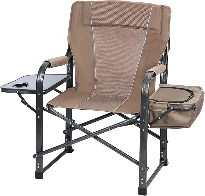 YOXIER Portable Camping Chairs Fishing Chair Camping Directors Chair Supports Up to 350lbsor Adults Leg Adjustable with Cooler Bag and Storage Bag for Ice Fishing Camp Lawn Patio Garden.Brown