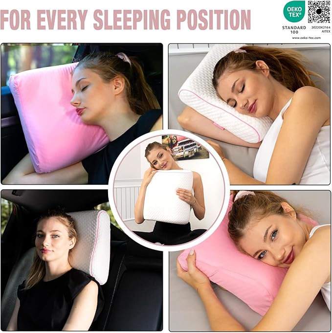 alkamto Travel &amp Camping Comfortable Memory Foam Pillow – Easy to Carry Portable Bag – Temperature Regulating Pillow Case (Pink Contour + Extra Cover)