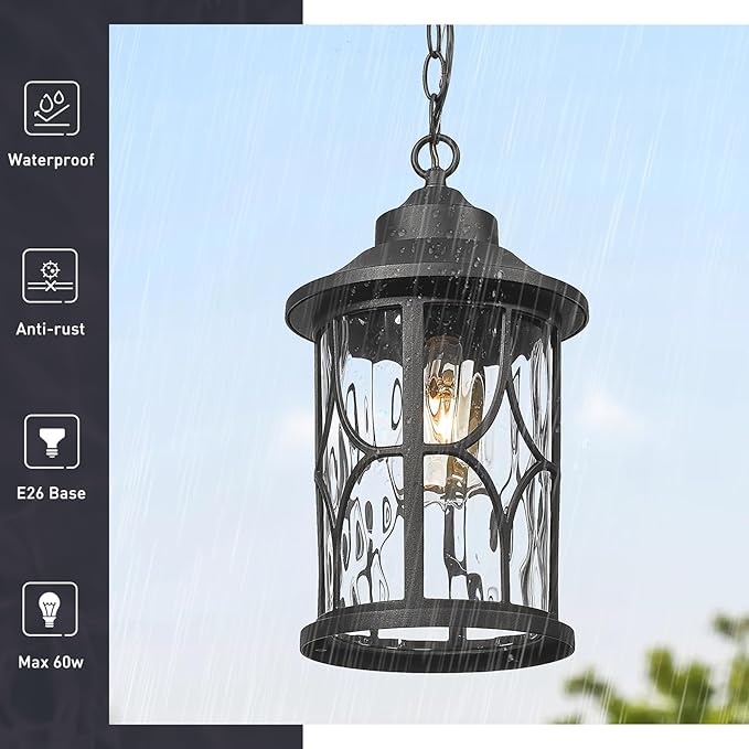 zeyu Modern Outdoor Hanging Porch Light 14.6 Inch Outdoor Pendant Lights for Porch Die-Cast Aluminum with Clear Water Ripple Glass Black Finish ZX48MH-WG BK