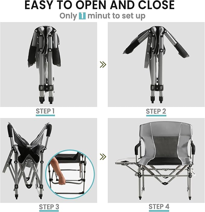 SHALLWE Oversized Director Chairs No Assembly Heavy Duty Folding Chair with Side Table for Camping Fold Up Outdoor Lawn Chairs for Adults Light Grey