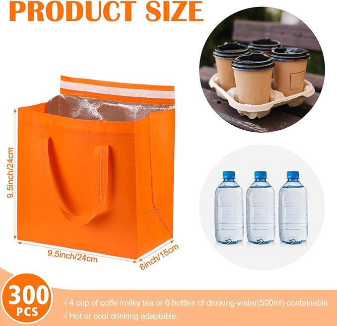 300 Pack Insulated Bags Bulk for Food Delivery 9.5 x 9.5 x 6 Thermal Take Away Bag for Hot Cold Food Coffee Milk Pizza Seafood Disposable Grocery Bag for Catering Restaurant(Orange)