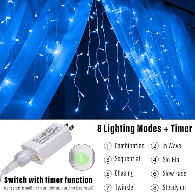 Joomer Christmas Icicle Lights - 66FT String Lights Outdoor Waterproof 8 Modes Timer Connectable Plug-in String Light for Eaves Roofs Christmas Decorations (Blue Non-Connectable)