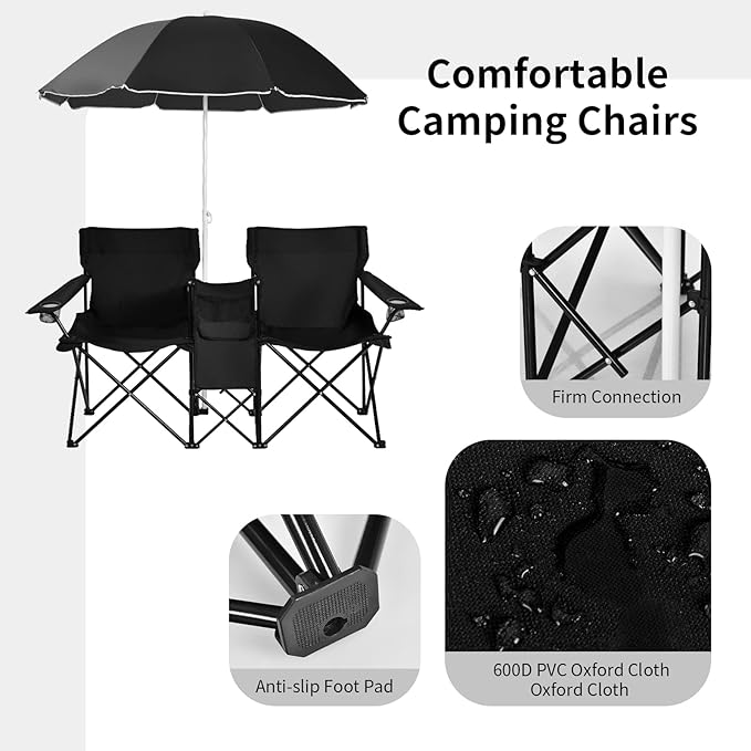 Goplus Double Camping Chair with Umbrella Folding Loveseat Chairs w/Canopy Shade Carrying Bag Table Cup Holder Portable Beach Chairs Outdoor Picnic Patio (Black)
