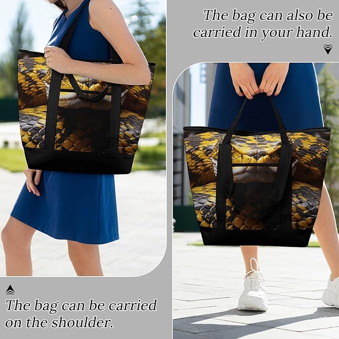Insulated Shopping BagLarge Reusable Cooler Bags Yellow Snake Printed Foldable Shopping BagTravel Waterproof Shoulder Bag