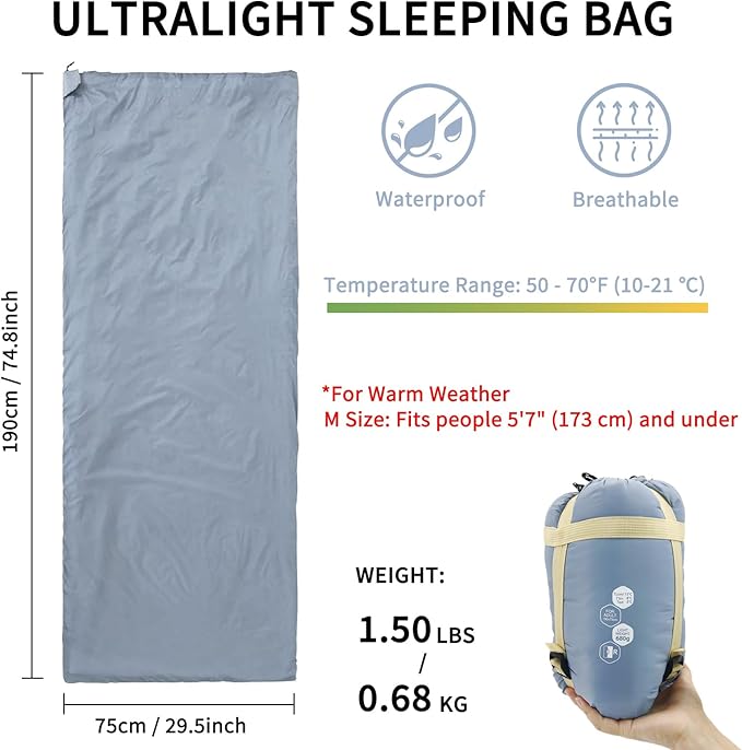 NewDoar Ultralight Backpacking Sleeping Bag - 50-70°F 1.5lbs Waterproof &amp Machine Washable 2-Way Zipper for TeensCouplesWomenMen Compact for Hiking/Camping (M/L Sizes)