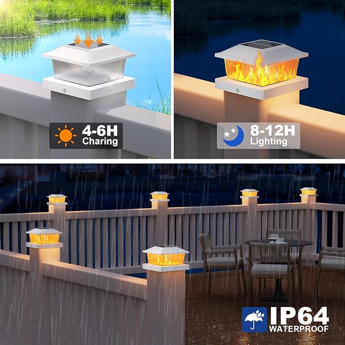 APONUO Solar Post Cap Lights with Flickering Flame &amp Warm White 18-Pack for 4x4 Wood/ 5x5 Vinyl Posts Solar Powered Deck &amp Fence Lights Auto On/Off IP65 Waterproof Glossy White