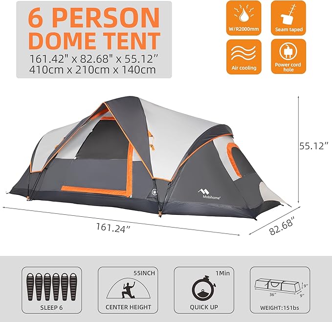 Tent for Family Camping Quick Setup Instant Pop Up Dome Tents Outdoor 2-3 Person / 6 Person with Water-Resistant Rainfly and Mesh Roofs &amp Door &amp Windows